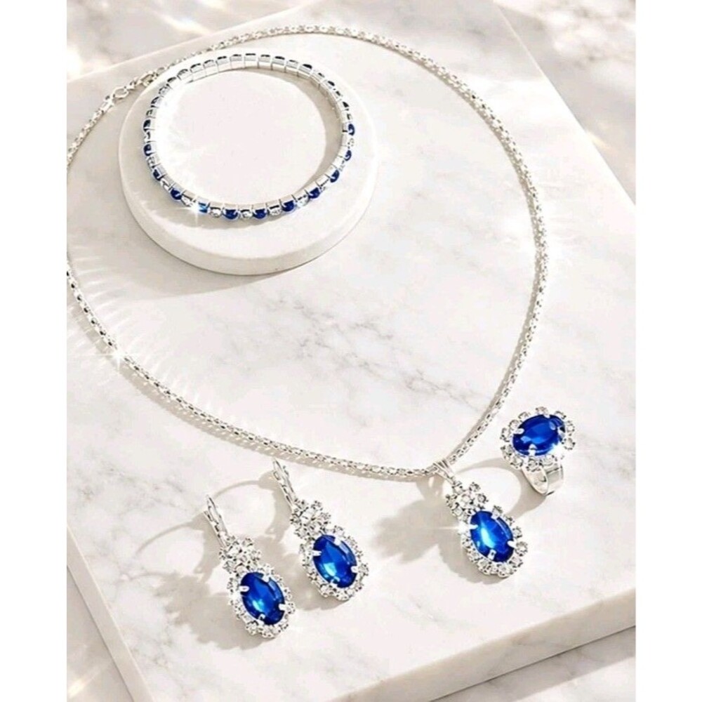 925 Sterling Silver Sets Blue Oval Necklace Ring Earrings And Bracelet